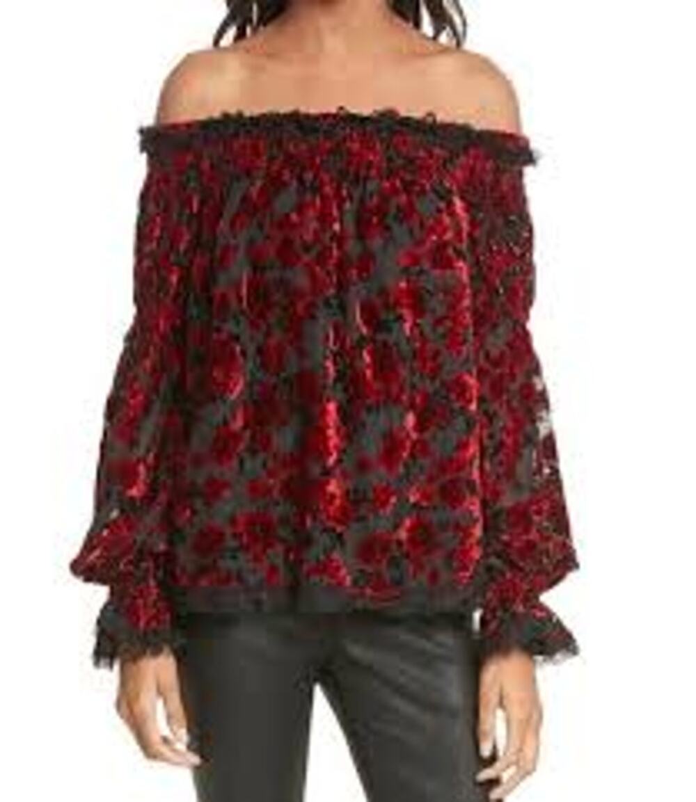 The Kooples Moonlight Floral Devoré Off the Shoulder Top Womens Size 3 Red Black